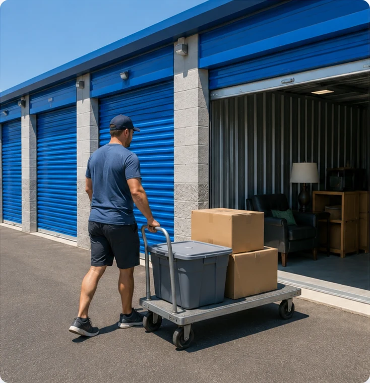 A customer moving boxes on a cart into a drive-up storage unit